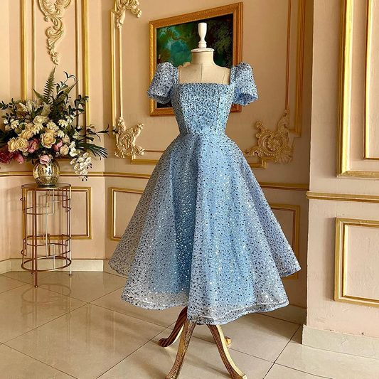 Sky Blue Formal Occasion Dresses Shinny Short Sleeves A-line Party Dress Exquisite Sequin Evening Gowns