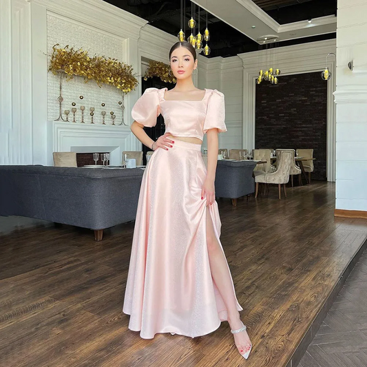 Pink Satin Evening Dresses Short Sleeves Two Pieces Prom Dresses Square Collar Prom Gowns
