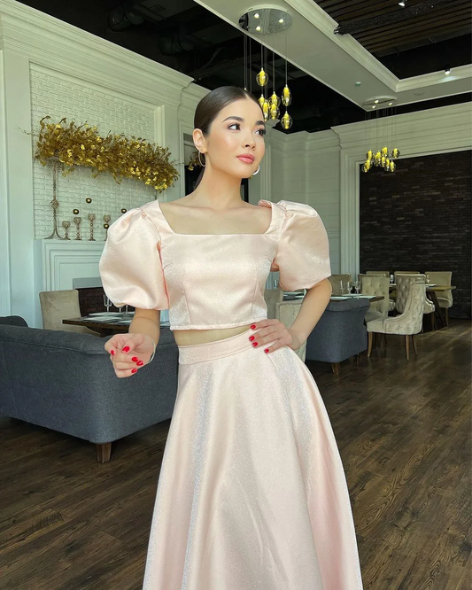 Pink Satin Evening Dresses Short Sleeves Two Pieces Prom Dresses Square Collar Prom Gowns
