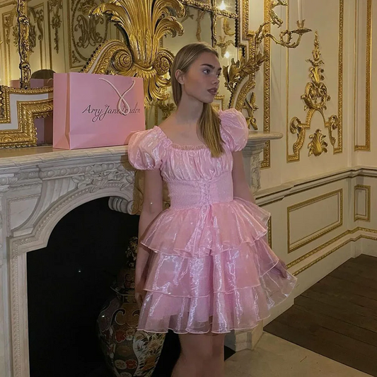 Pink Short Mini Prom Dress Graduation Dinner Evens Dress Above Knee Tiered Banquet Party Gowns Cocktail Dress