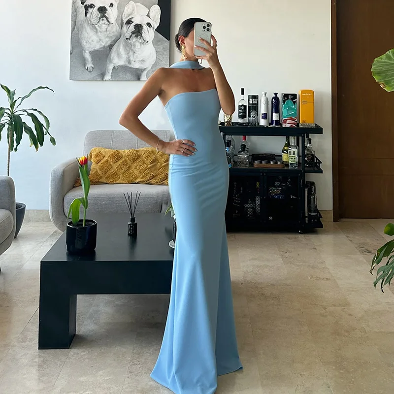 Woman Elegant Summer Sleeveless Halter Slim Long Maxi Dress Female Off Shoulder High Waist Bodycon Evening Party Dresses