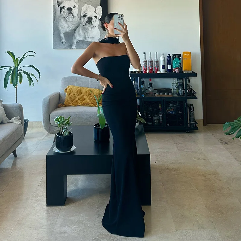 Woman Elegant Summer Sleeveless Halter Slim Long Maxi Dress Female Off Shoulder High Waist Bodycon Evening Party Dresses