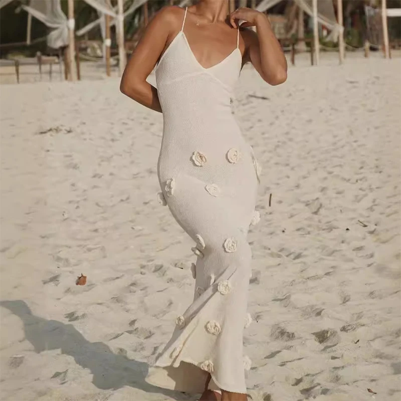Elegant 3d Flower Knit Dress Women Sexy V-neck Sleeveless Sling Female Long Beach Dresses Summer Fashion Slim Lady Robes
