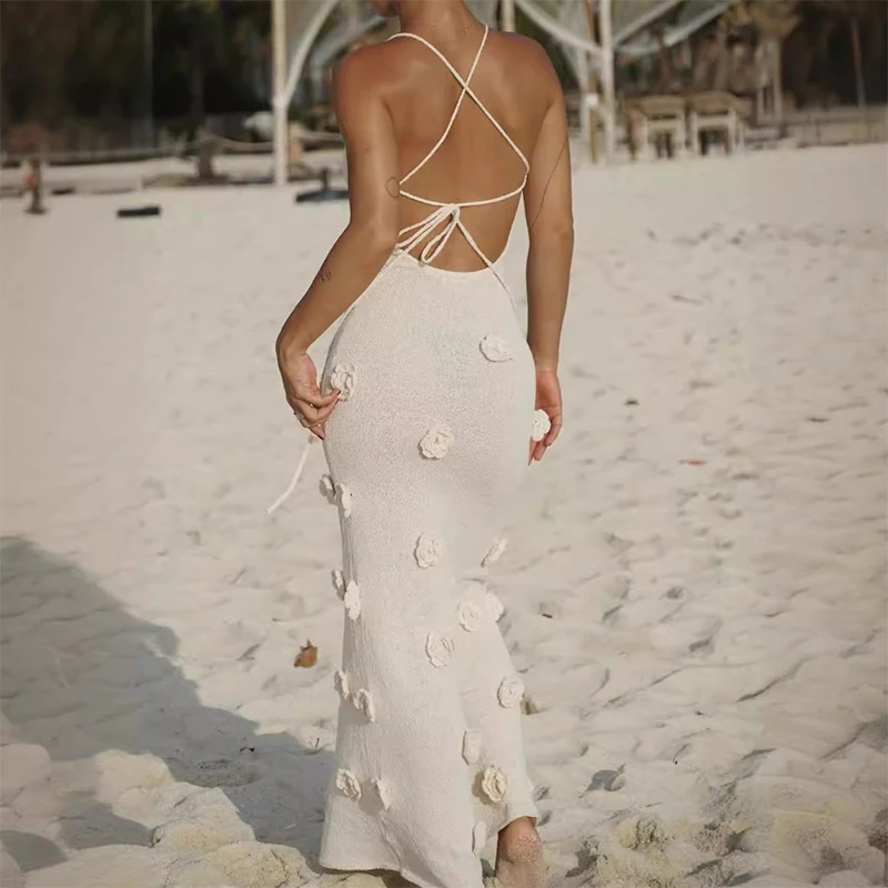 Elegant 3d Flower Knit Dress Women Sexy V-neck Sleeveless Sling Female Long Beach Dresses Summer Fashion Slim Lady Robes