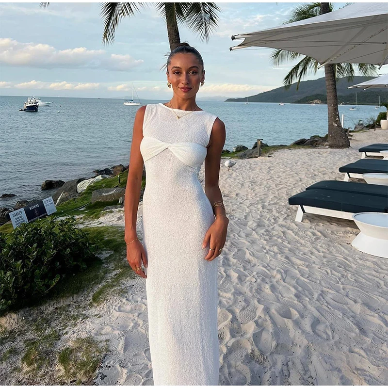 Elegant 3d Flower Knit Dress Women Sexy V-neck Sleeveless Sling Female Long Beach Dresses Summer Fashion Slim Lady Robes