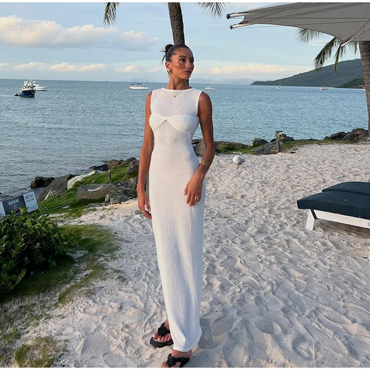 Elegant 3d Flower Knit Dress Women Sexy V-neck Sleeveless Sling Female Long Beach Dresses Summer Fashion Slim Lady Robes