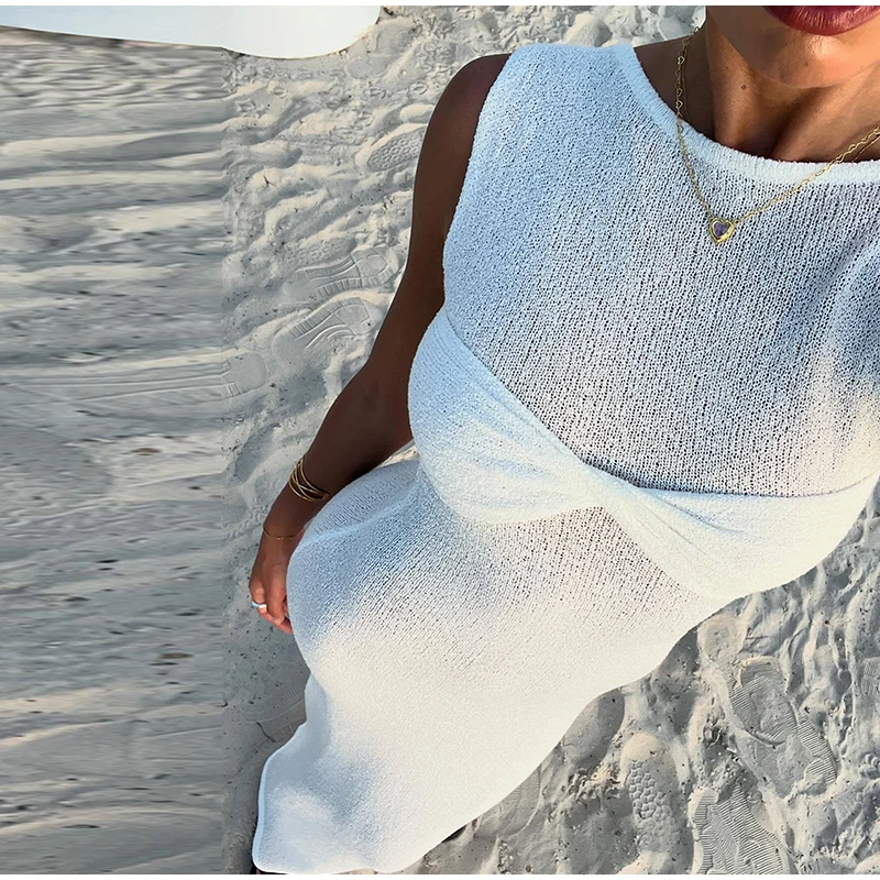 Elegant 3d Flower Knit Dress Women Sexy V-neck Sleeveless Sling Female Long Beach Dresses Summer Fashion Slim Lady Robes