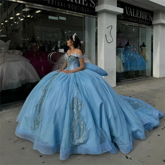 Graceful Off-Shoulder Shiny Ball Gown Elegant Sleeveless Quinceanera Dresses Classic 3D Flower Applique Sweet 16 Dress