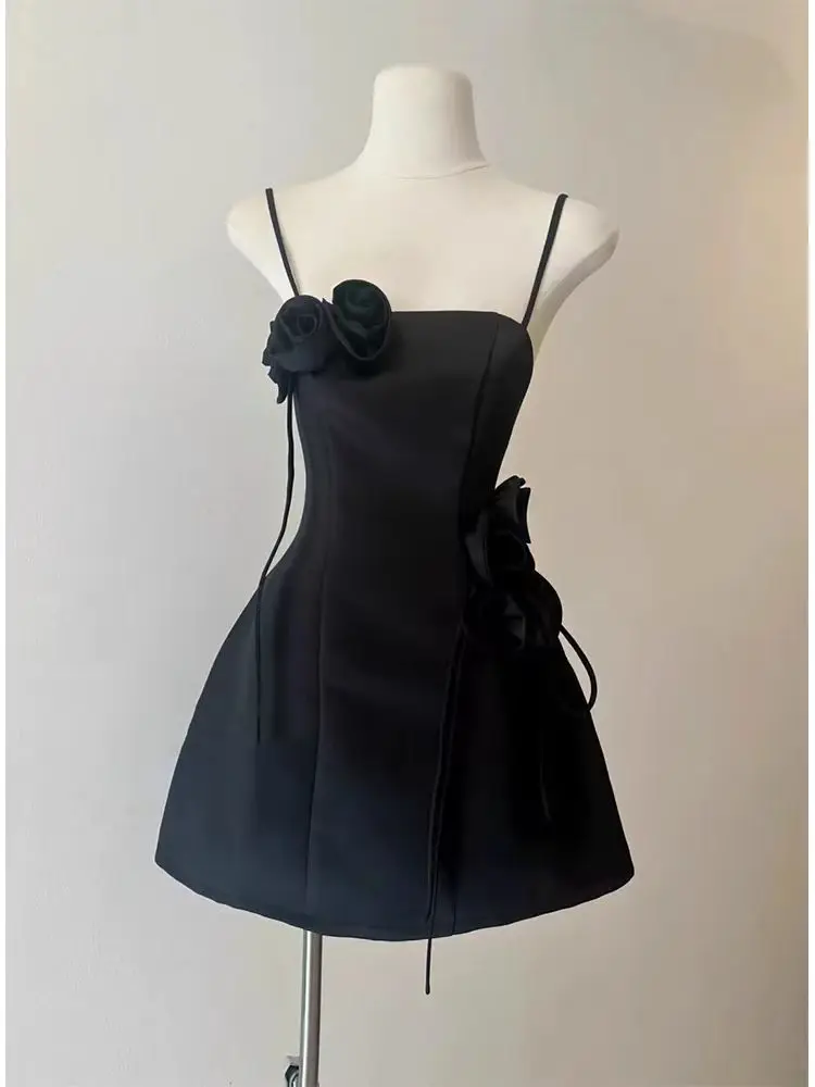New French Style Fragrant 3D Flower Women's Dress Sexy Bra Strap Waist Closing Mini Dress