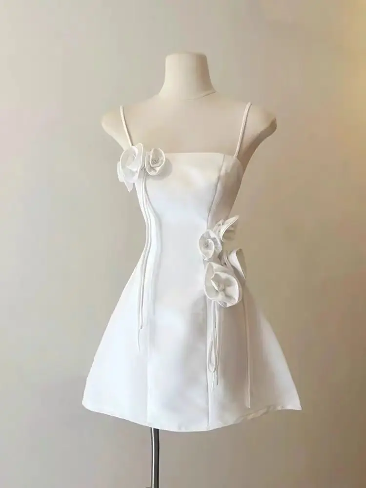 New French Style Fragrant 3D Flower Women's Dress Sexy Bra Strap Waist Closing Mini Dress