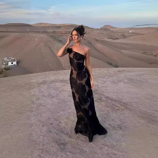 Elegant Floral Appliques Maxi Dress for Women Sexy One Shoulder Sheer Slim Party Dresses Fashion Holidays Club Party Dress