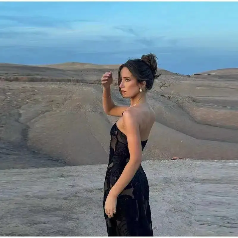 Elegant Floral Appliques Maxi Dress for Women Sexy One Shoulder Sheer Slim Party Dresses Fashion Holidays Club Party Dress