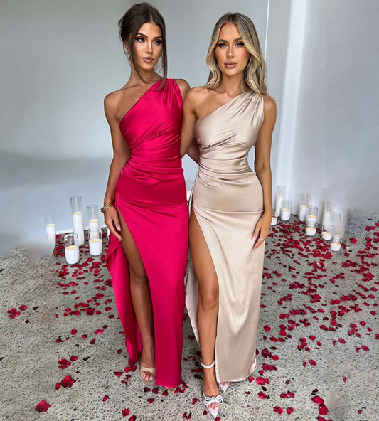 Women's summer One Shoulder Shrink Pleated Split Sexy Satin Dress Slim Solid Color Long Dresses Prom Dresses