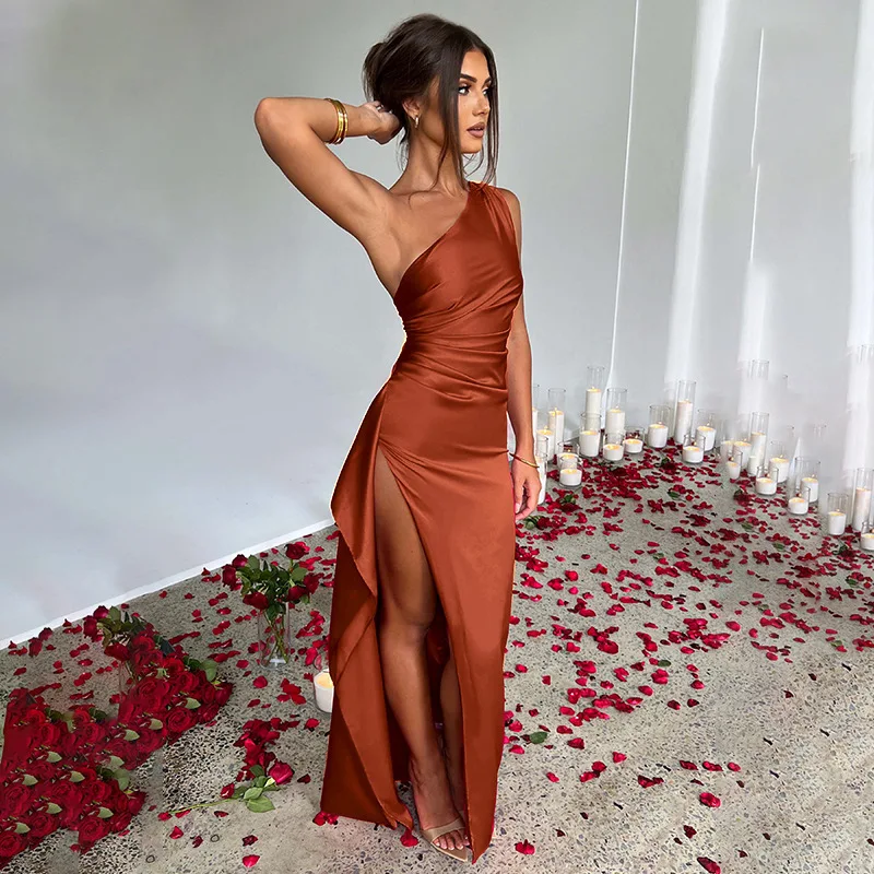 Women's summer One Shoulder Shrink Pleated Split Sexy Satin Dress Slim Solid Color Long Dresses Prom Dresses
