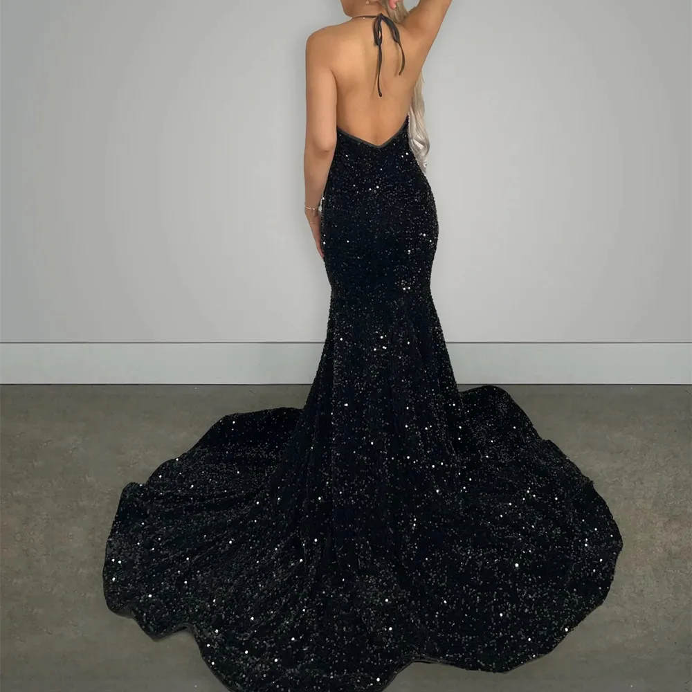 Glitter Prom Dresses Velvet Sequins Mermaid Girl Formal Graduation Evening Party Gowns Halter Neck Backless Birthday Robe