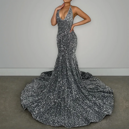 Glitter Prom Dresses Velvet Sequins Mermaid Girl Formal Graduation Evening Party Gowns Halter Neck Backless Birthday Robe