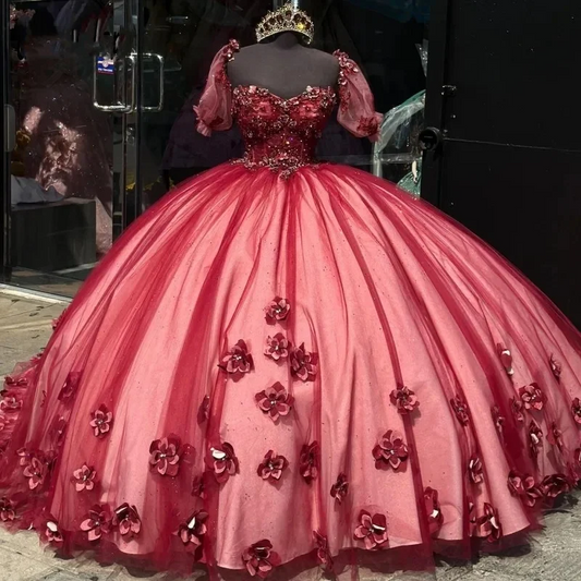 Red Quincenara Dresses With 3D Floral Applique Sweetheart