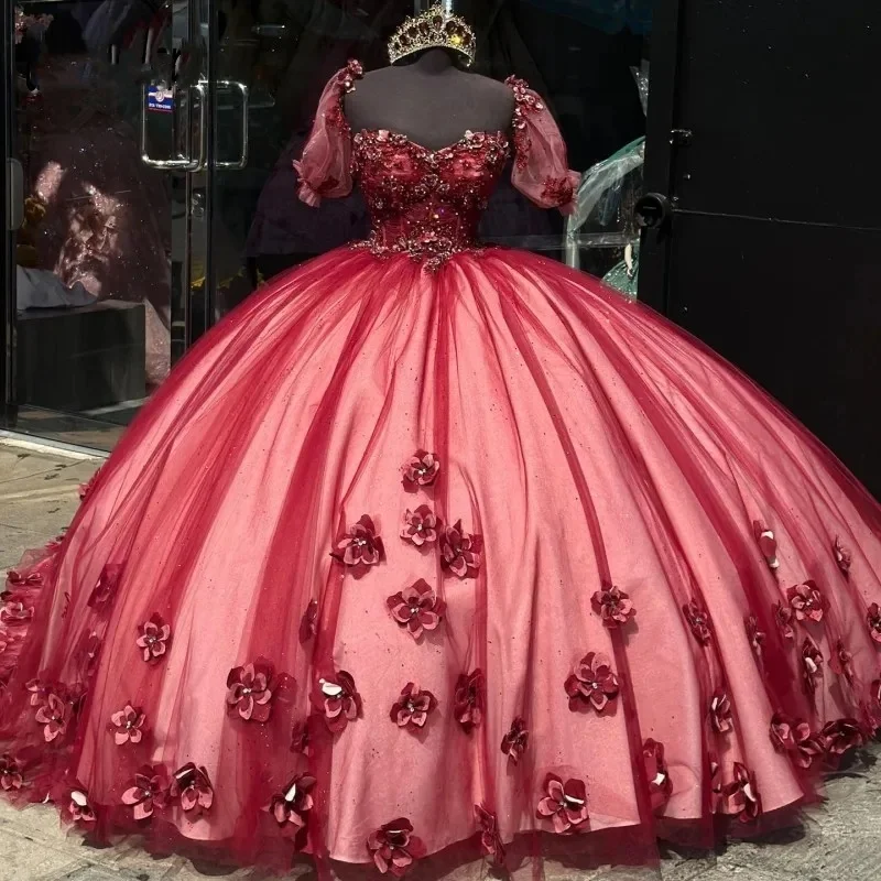 Red Quincenara Dresses With 3D Floral Applique Sweetheart