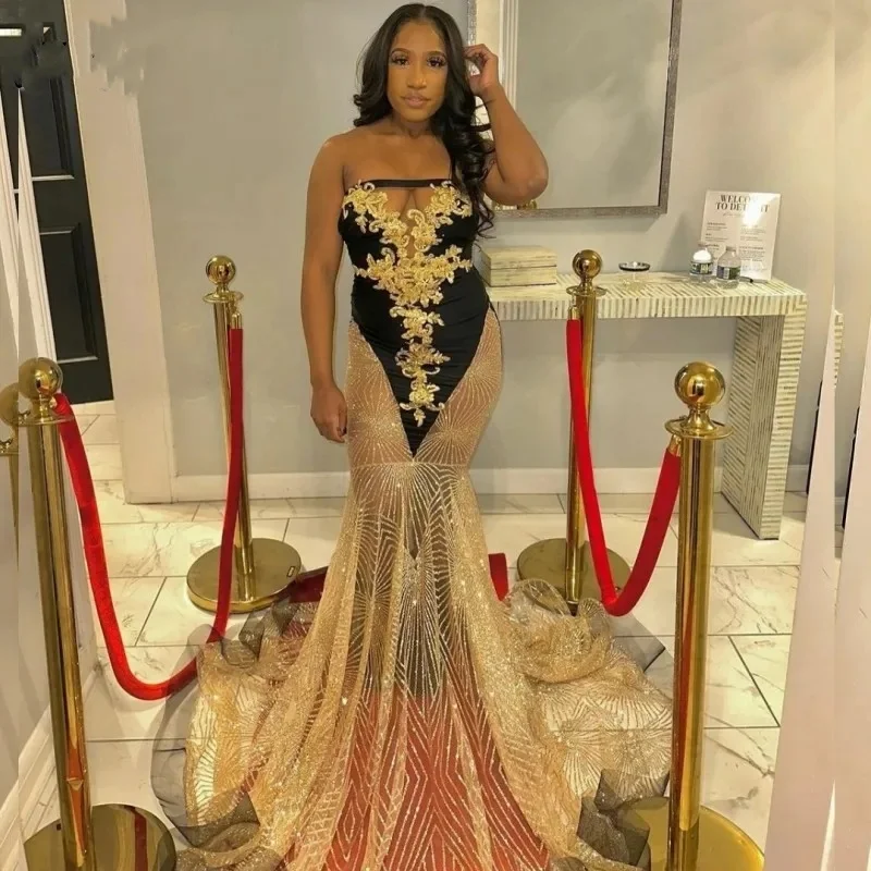 Sexy Black Prom Dress For Women Strapless Lace Applique Mermaid Party Gowns See Through Sequin