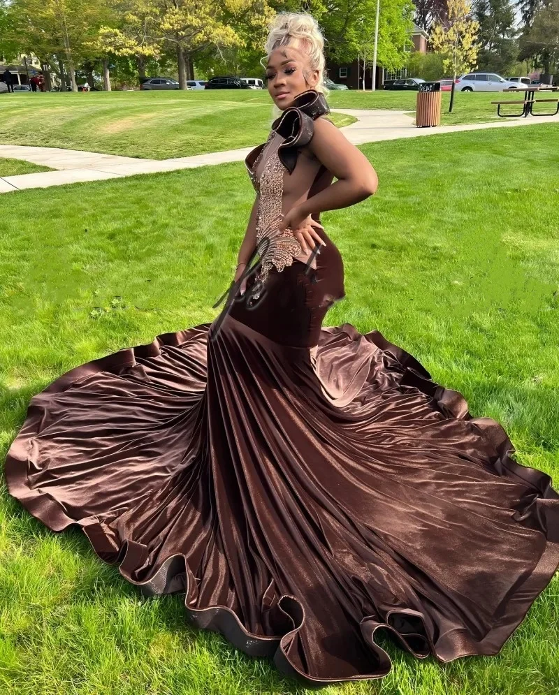 Sexy Chocolate Velvet Mermaid Prom Dresses For African Women Beaded Plus Size Birthday Partyeer Mesh Birthday Gown