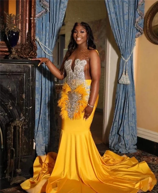 Yellow O Neck Long Prom Dress Beaded Crystal Birthday Party Dresses Tassel Evening Gowns Feathers Formal Gown