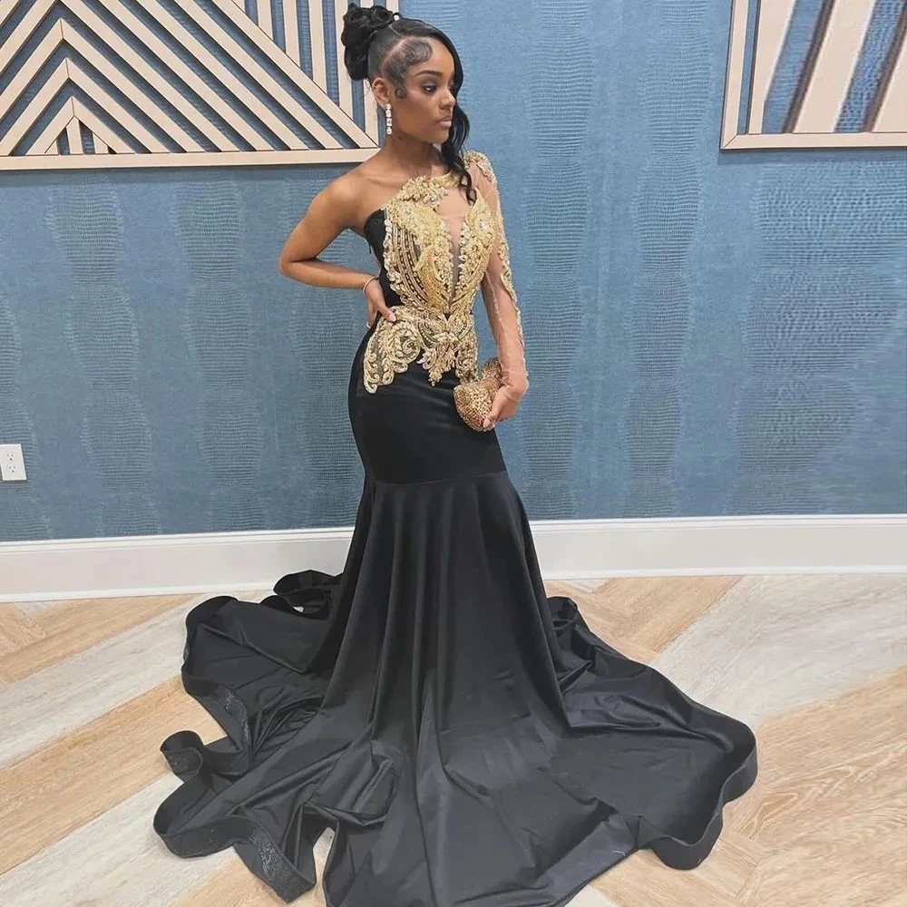 Sexy One Shoulder Mermaid Prom Dresses for Black Girl Luxury Gold Lace Appliques Plus Size Formal Evening Occasion Gown