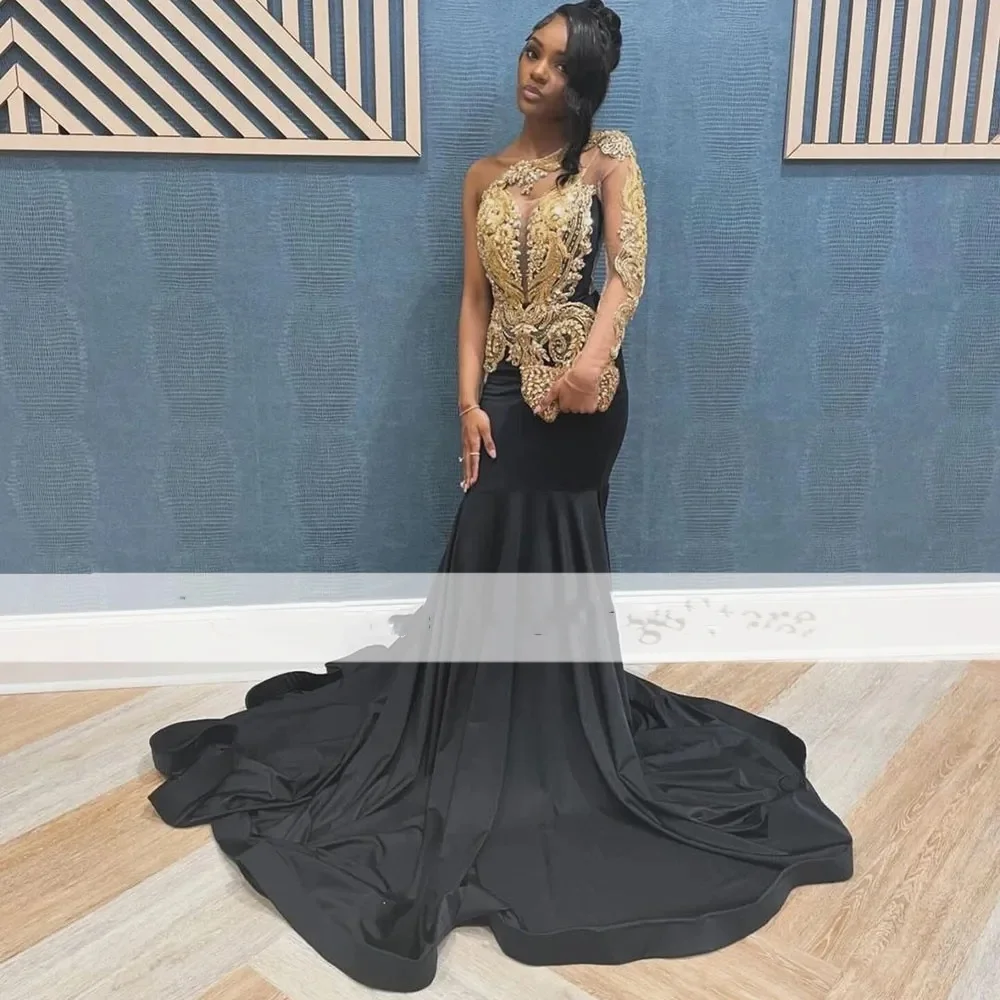 Sexy One Shoulder Mermaid Prom Dresses for Black Girl Luxury Gold Lace Appliques Plus Size Formal Evening Occasion Gown