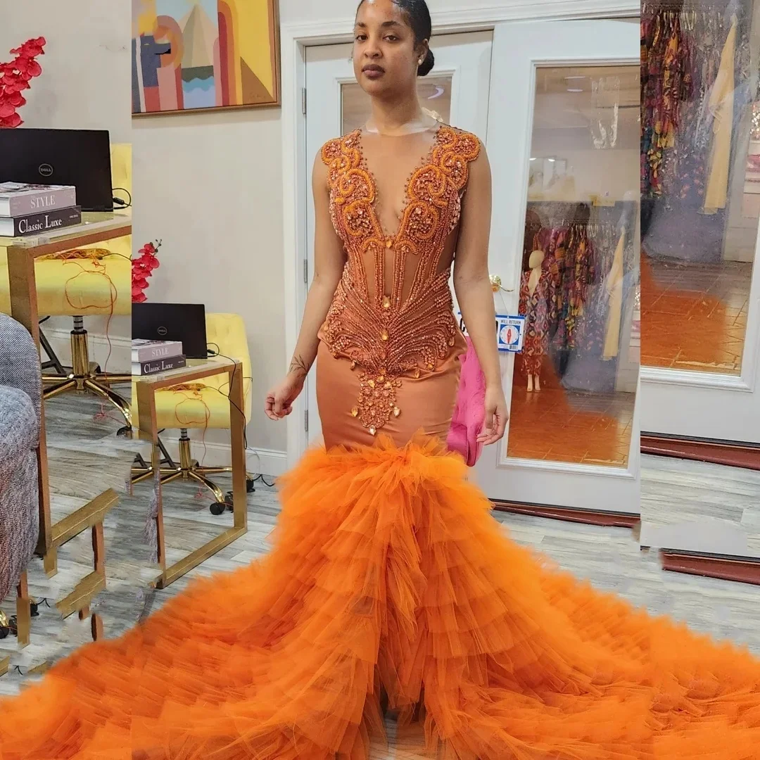 High Slit Orange Long Prom Dress for Black Girls Beaded Rhinestones Ruffles Women Party Gala Gown