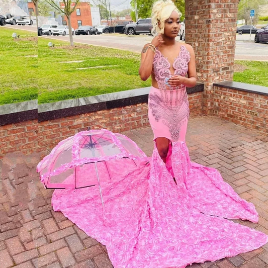 Pink Flowers Mermaid Prom Dress For Black Girls Crystals Rhinestone Beaded Formal Party Gown