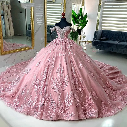 Pink Crystal Beading Off The Shoulder Ball Gown Quinceanera Dresses Appliques Lace Corset