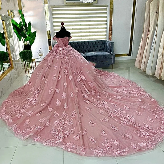 Pink Crystal Beading Off The Shoulder Ball Gown Quinceanera Dresses Appliques Lace Corset