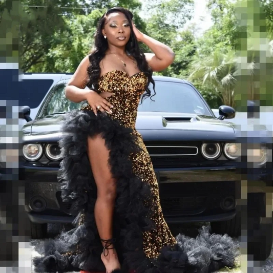 Sexy Gold Sequins Mermaid Prom Dresses For Black Girls Ruffles High Split Birthday Party Gowns