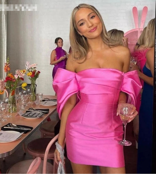 Sexy Pink Mini Evening Dresses Pleated Off Shoulder Satin Backless Prom Dress Graduation Cocktail Party Gowns