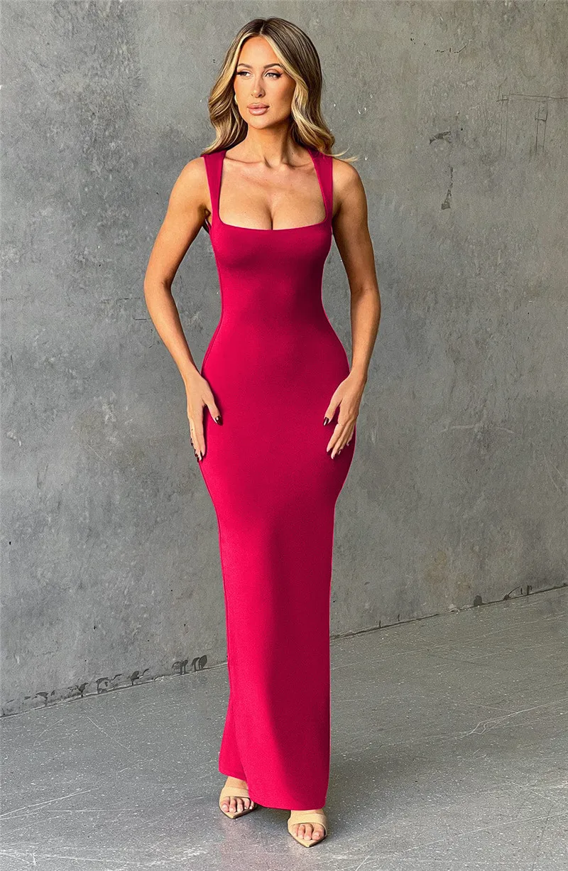 Elegant Sleeveless Sexy Maxi Dress For Women Summer New Square Collar Bodycon Club Party Long Tank Dress New