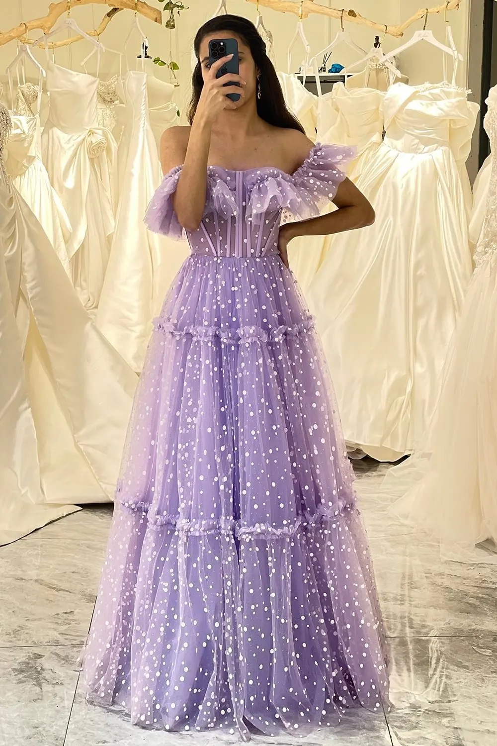 Off the Shoulder A-line Evening Gowns Lilac Dot Tulle Lace Up Corset Long Prom Dress Sweetheart Ruched Quinceanera Dresses