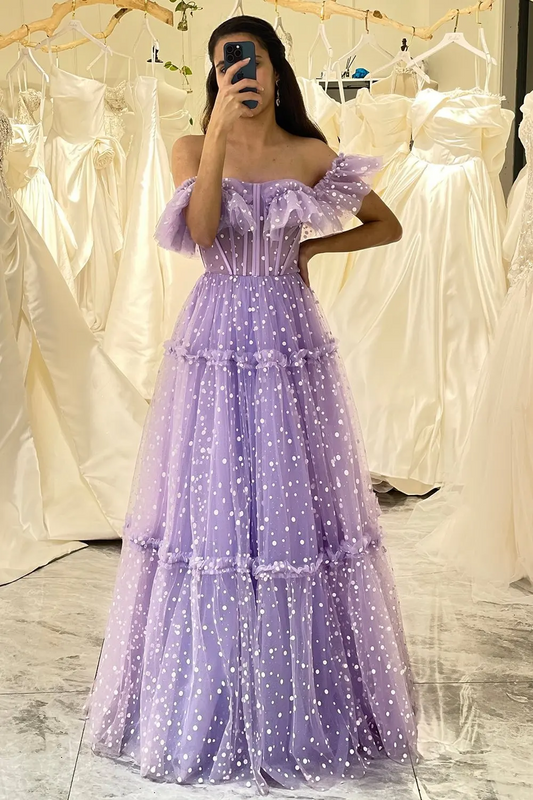 Off the Shoulder A-line Evening Gowns Lilac Dot Tulle Lace Up Corset Long Prom Dress Sweetheart Ruched Quinceanera Dresses