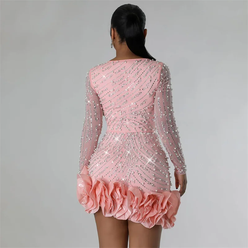 New Women Mesh Sleeve Bodycon Sexy Diamonds Birthday Party Dress Tierred Ruffles Rhinestone Pearls Night Club Dress Pink