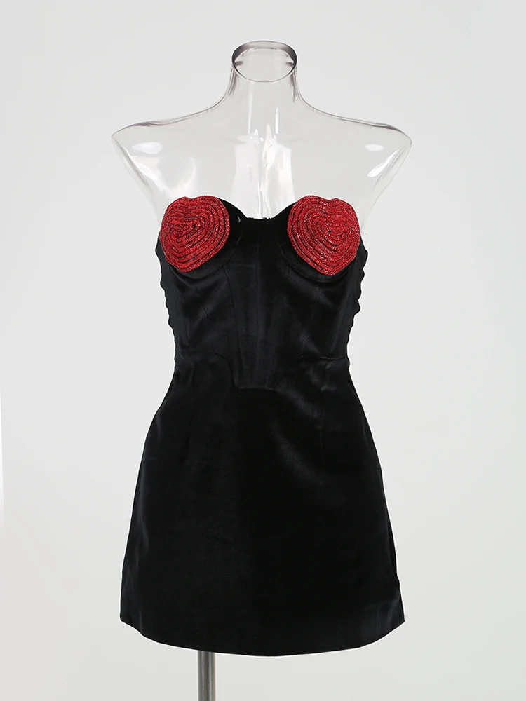 Brithday Luxury Dresses Women Evening Outfits Sexy Red Heart Strapless Party Dress Patchwork Prom Gown Fashion Lady Clothes