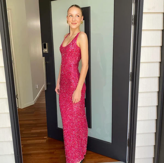 Fuchsia Spaghetti Straps Sequins Mermaid Long Party Dress