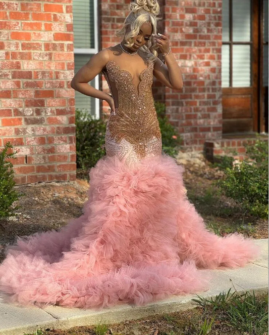 Rose Pink Ruffles Mermaid Prom Birthday Gala Dresses for Black Girl Sparkly Diamond Luxury Evening Ceremony Party Gown