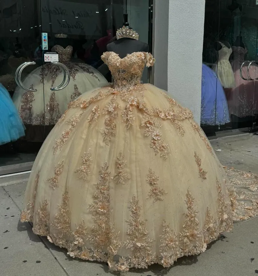 Champagne Luxury Princess Quinceanera Dresses Off Shoulder 3D Floral Applique Corset Lace-up