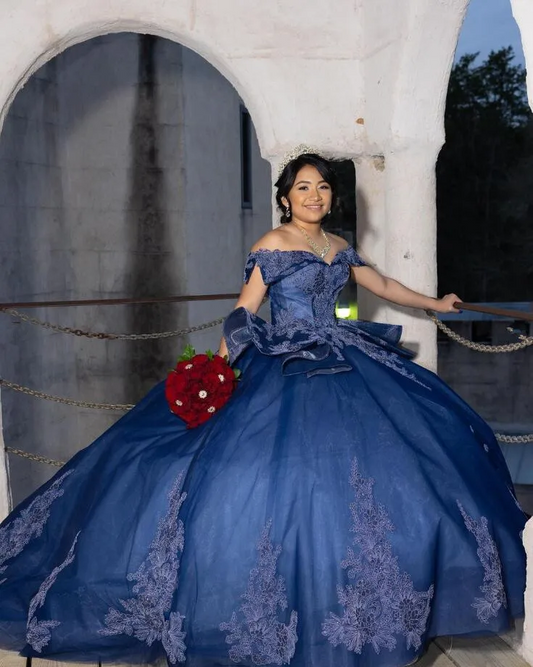 Royal Blue Princess Quinceanera Dresses Off Shoulder Gillter Applique Puffy Skirt Corset