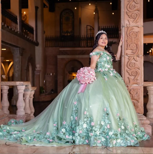Mint Green Princess Quinceanera Dresses Off Shoulder 3D Floral Applique Puffy Skirt Corset