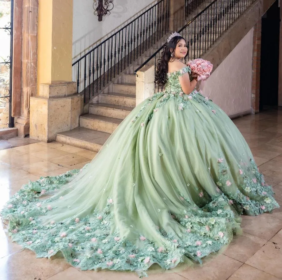 Mint Green Princess Quinceanera Dresses Off Shoulder 3D Floral Applique Puffy Skirt Corset
