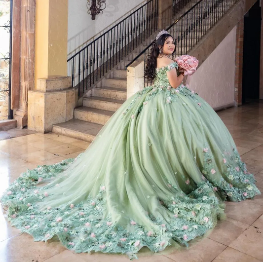 Mint Green Princess Quinceanera Dresses Off Shoulder 3D Floral Applique Puffy Skirt Corset