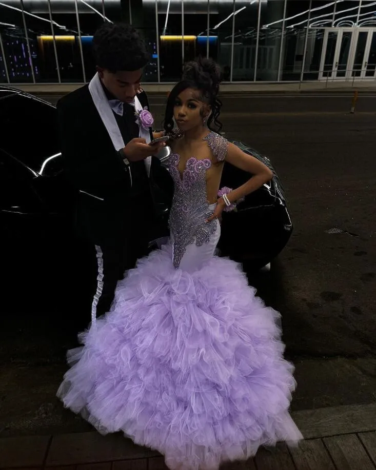 Lilac Lavender Sparkly Mermaid Prom Ceremony Party Dresses for Black Girl Luxury Diamond Crystal Ruffles Evening Gala Gown