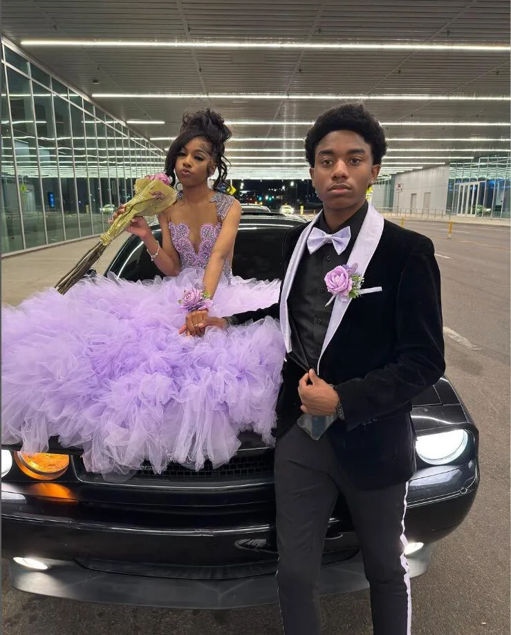 Lilac Lavender Sparkly Mermaid Prom Ceremony Party Dresses for Black Girl Luxury Diamond Crystal Ruffles Evening Gala Gown