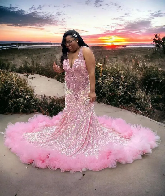 Sparkly Pink Mermaid Long Evening Birthday Gala Dresses for Black Girl Plus Size Gillter Diamond Velvet Prom Gown