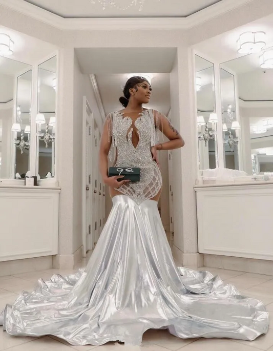 Ivy Silver Diamond Sparkly Evening Ceremony Party Dresses for Black Girl Luxury Crystal Sheer Prom Birthday Gala Dress