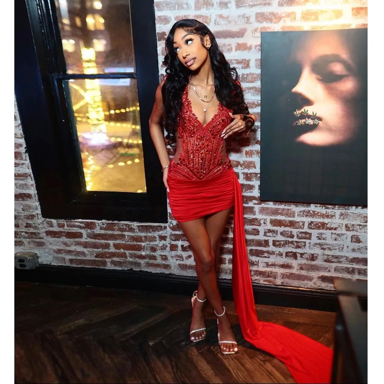 Red Sparkly Short Prom Homecoming Dresses with Side Train Luxury Diamond Crystal Birthday Party Gown